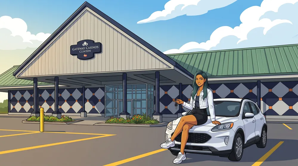 Woman on her car bonnet at the casino entrance