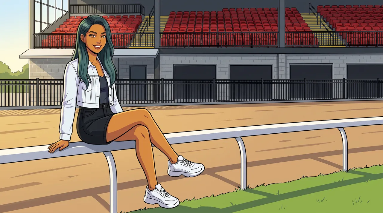 Woman on the rail across from the new grandstand