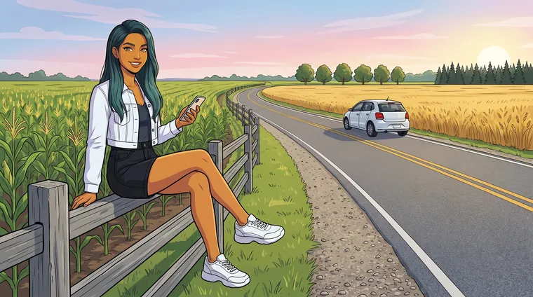 Woman on a rail fence by a country road